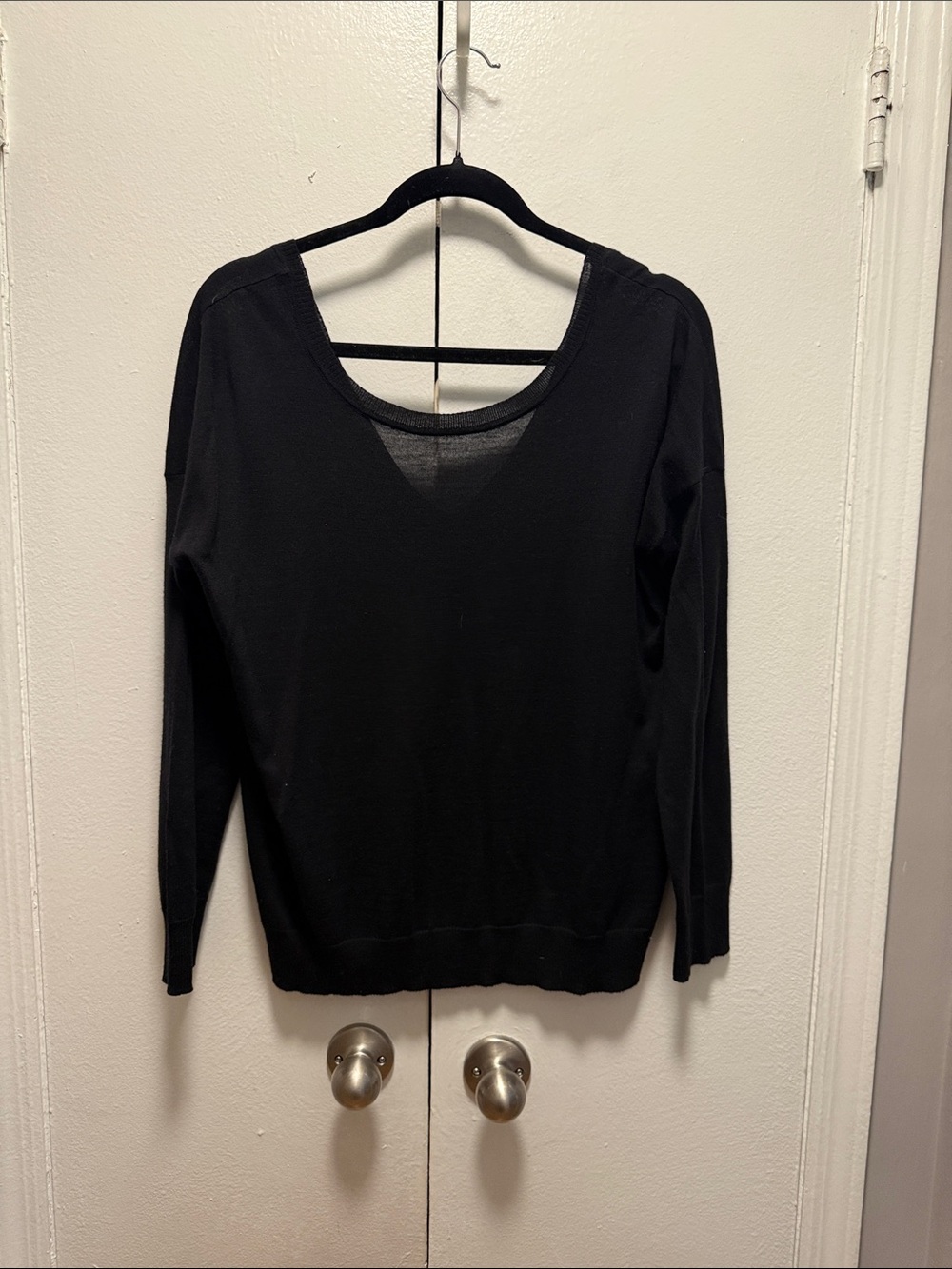 360sweater Black Scoop Neck Sweater with V detail on back.